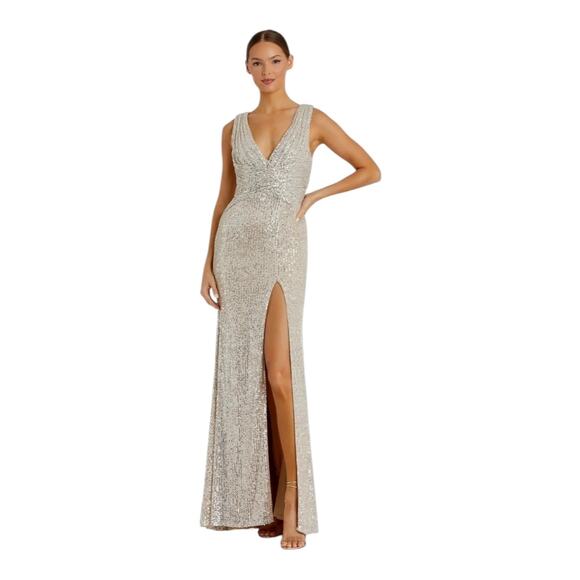 Mac Duggal 26598 Evening Gown V-Neck Faux Wrap Nude Silver Sequin Size 10 NWT - Picture 2 of 16